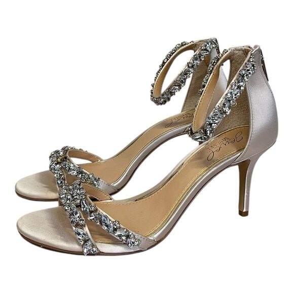Badgley Mischka | Caroline Champagne Embellished Strap Evening Shoe Heels 6.5 - Picture 9 of 13